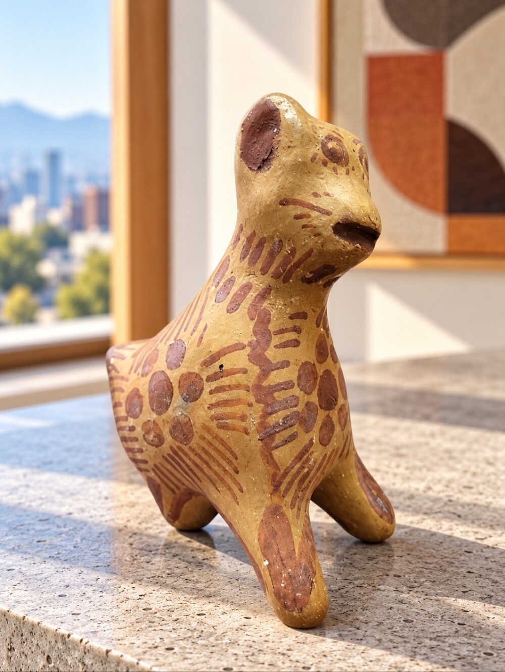 Vintage Tonala Style Pottery Cat Figurine Hand Painted Folk Art 5.5"